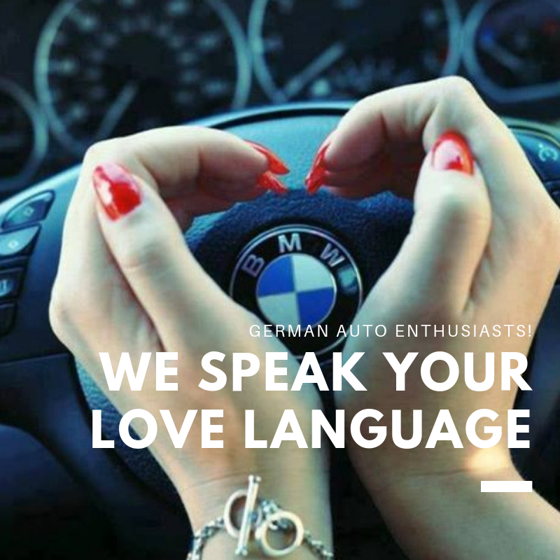 Hands forming a heart over a BMW steering wheel with text “We speak your love language”
