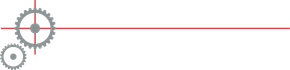 Gray gears with a red horizontal line extending right across a white background.