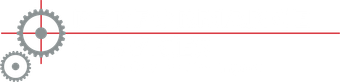 Gray gears with a red horizontal line extending right across a white background.
