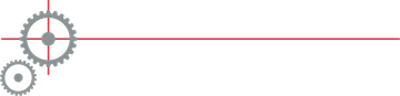 Gray gears with a red horizontal line extending right across a white background.