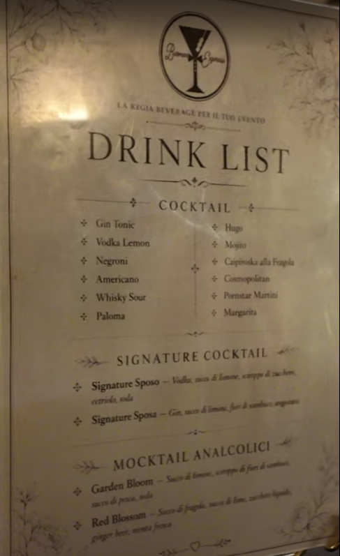 Drink list personalizzata per matrimonio ed evento realizzata da Barman Express