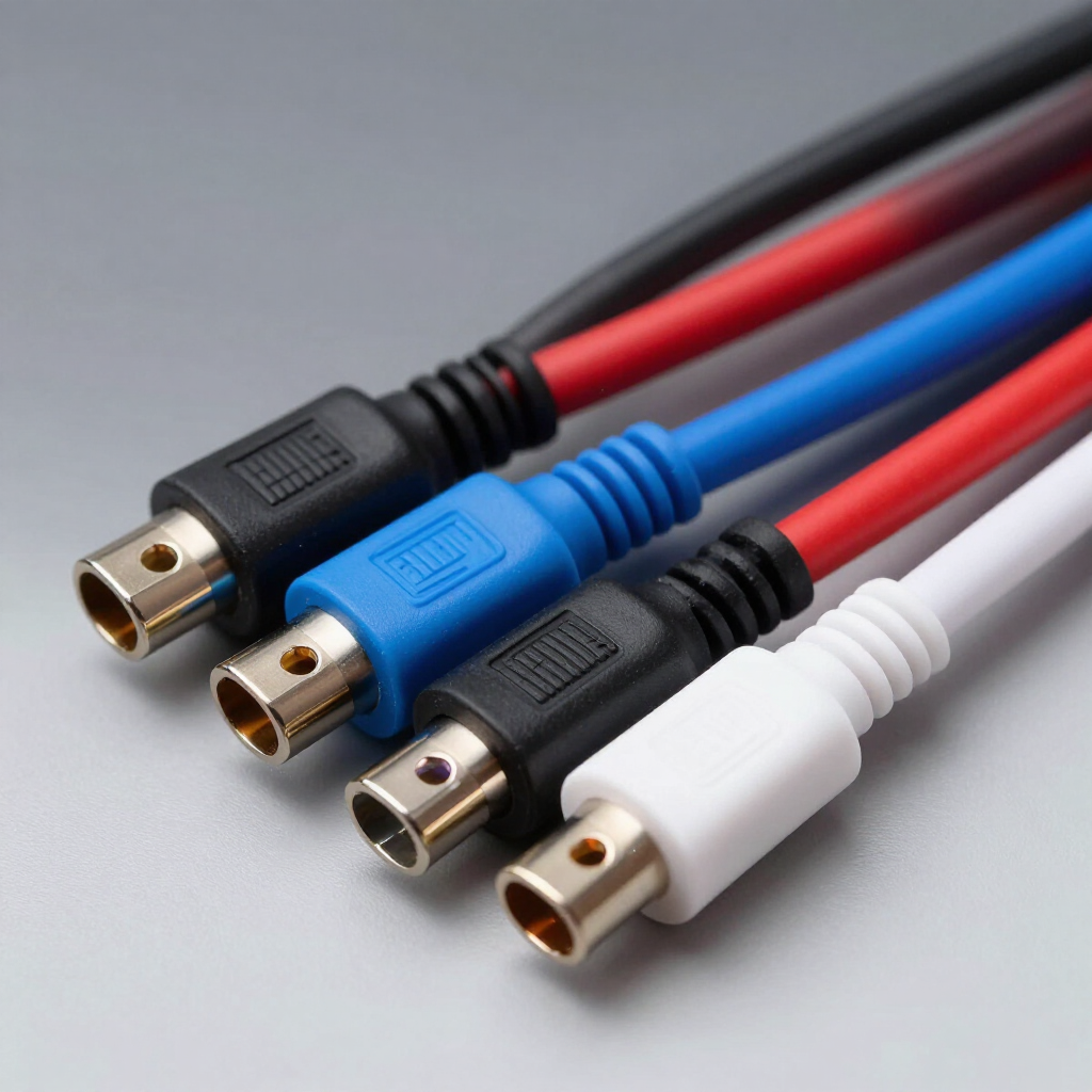 Four RCA cables with red, blue, black, and white plugs on a light background