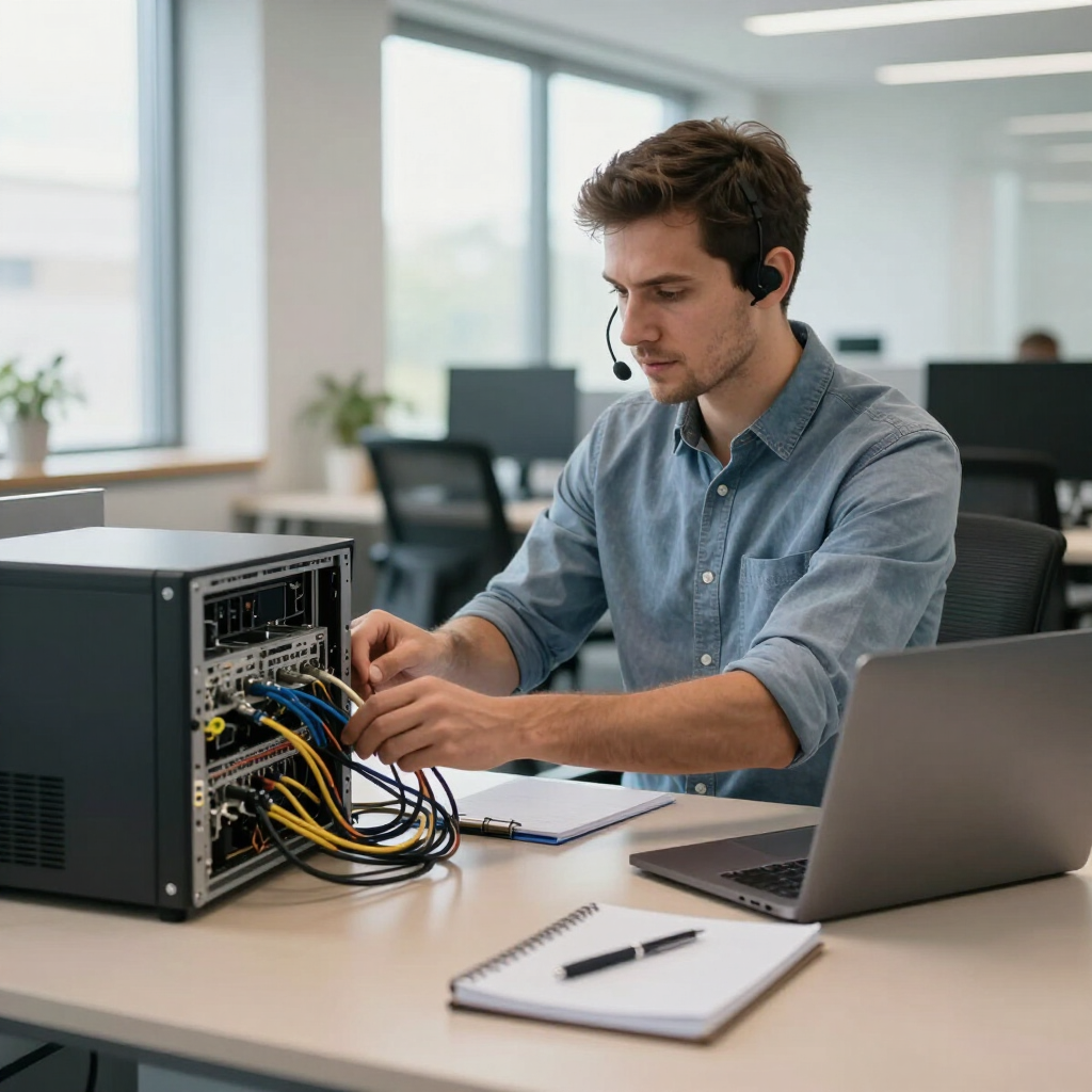 Technician connecting cables inside a server beside an open laptop in a bright office
