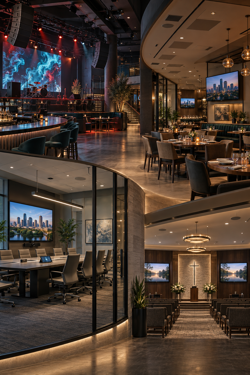 Collage of elegant restaurant and lounge interiors with warm lighting, tables, chairs, and city views