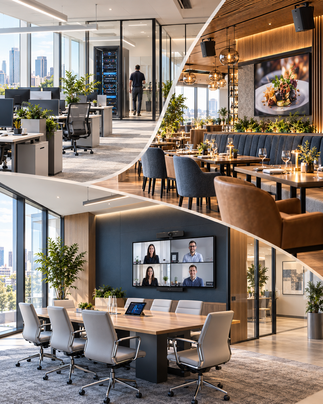 Modern office collage with desks, conference room, and restaurant-style lounge interiors