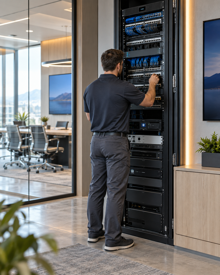 Technician adjusting server rack in a modern office data room.