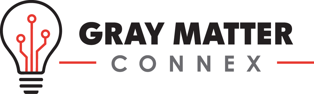 Gray Matter Connex logo with black text, red circuit lightbulb icon, and red horizontal lines on white background