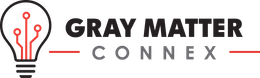 Gray Matter Connex logo with black text, red circuit lightbulb icon, and red horizontal lines on white background