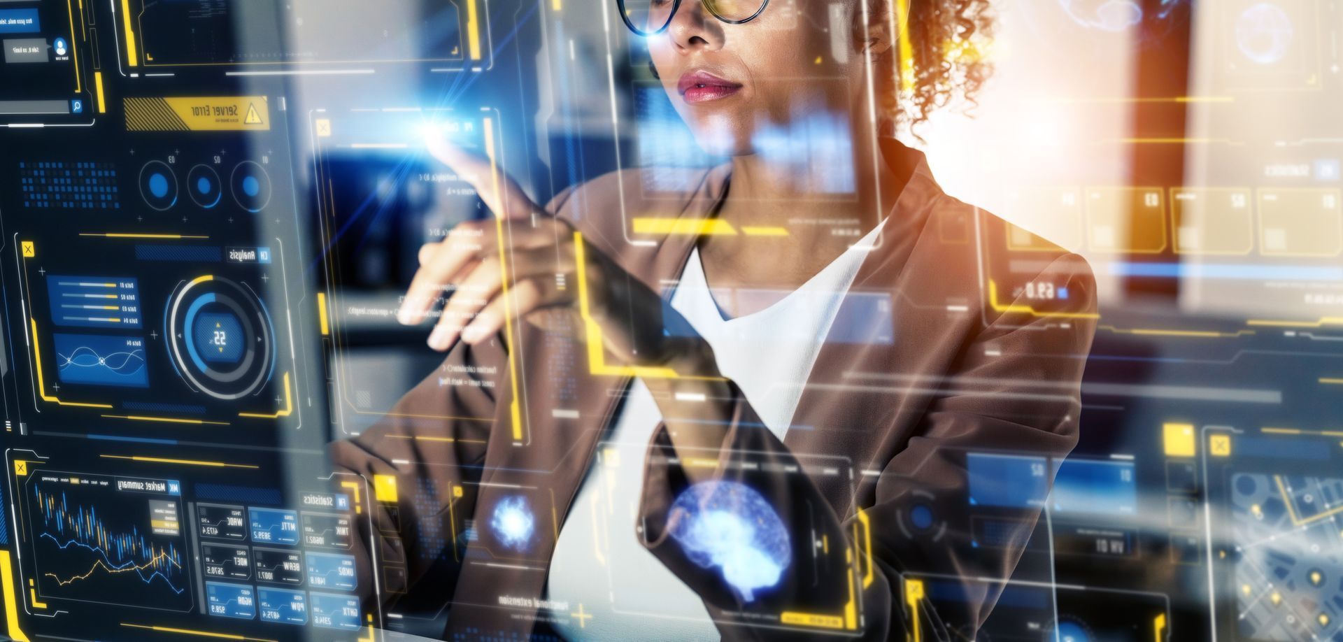 Businesswoman analyzing futuristic data on transparent digital screens in an office setting