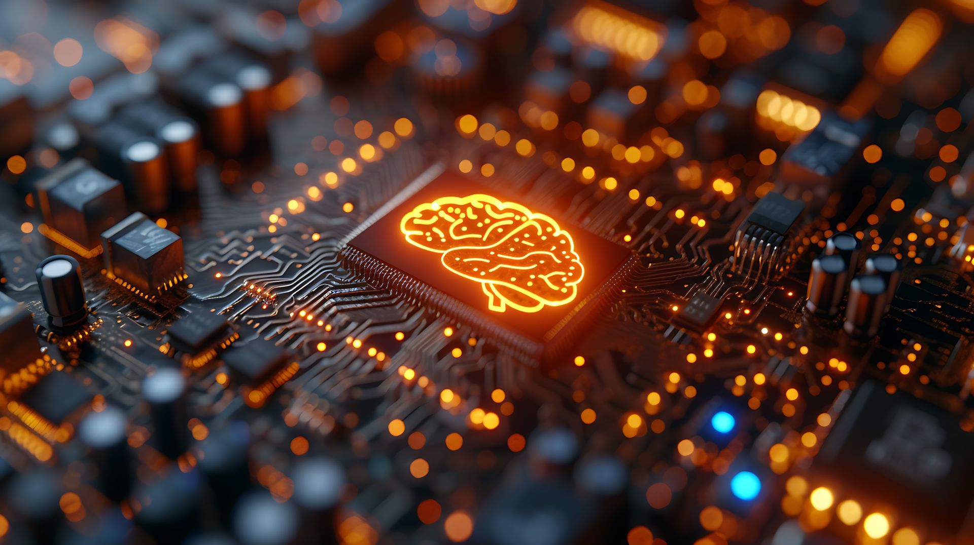 Glowing orange AI brain icon on a microchip circuit board with blurred electronic components