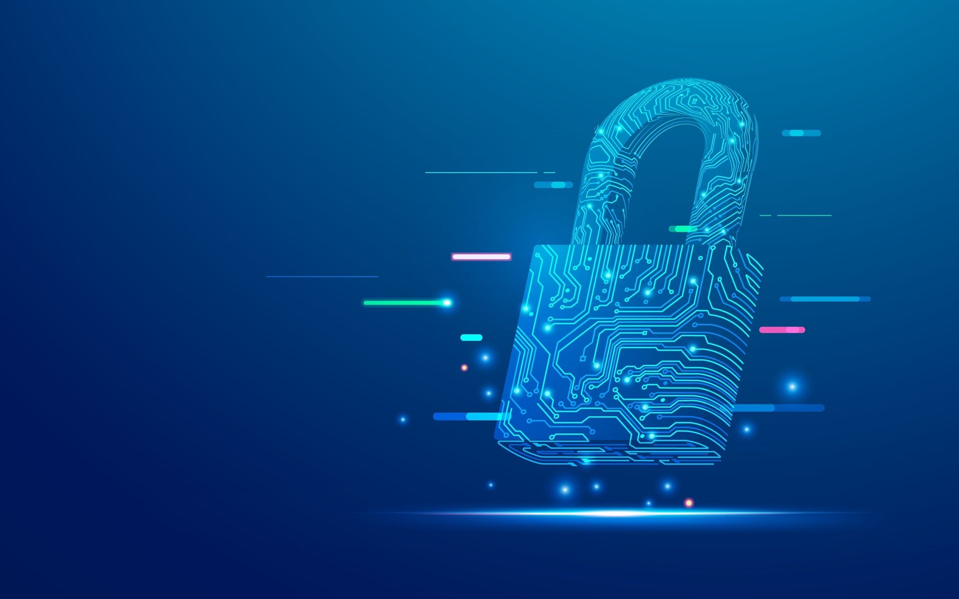 Blue digital padlock with circuit lines on a dark tech background