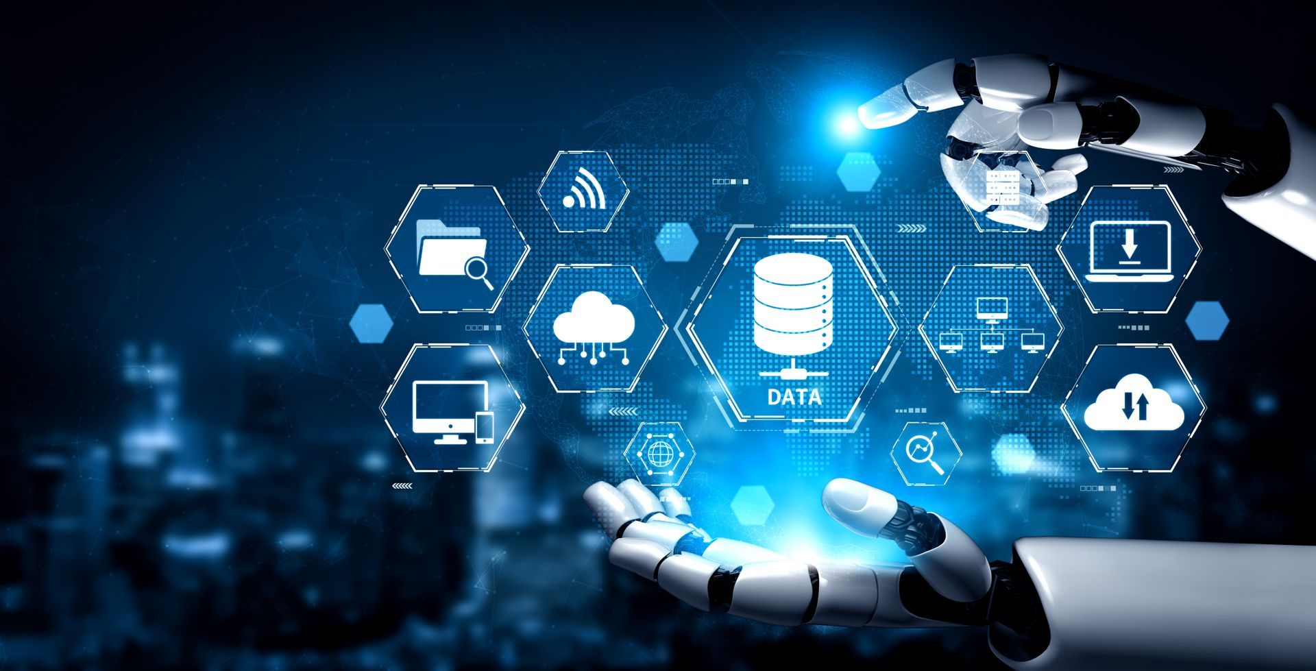 Robotic hands holding glowing data icons in a blue digital network interface