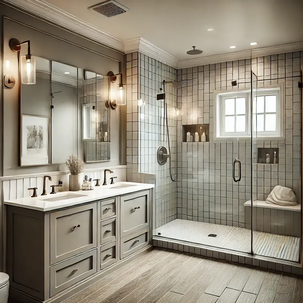 This Bathroom space includes durable, water-resistant tile flooring and built-in storage for added functionality.