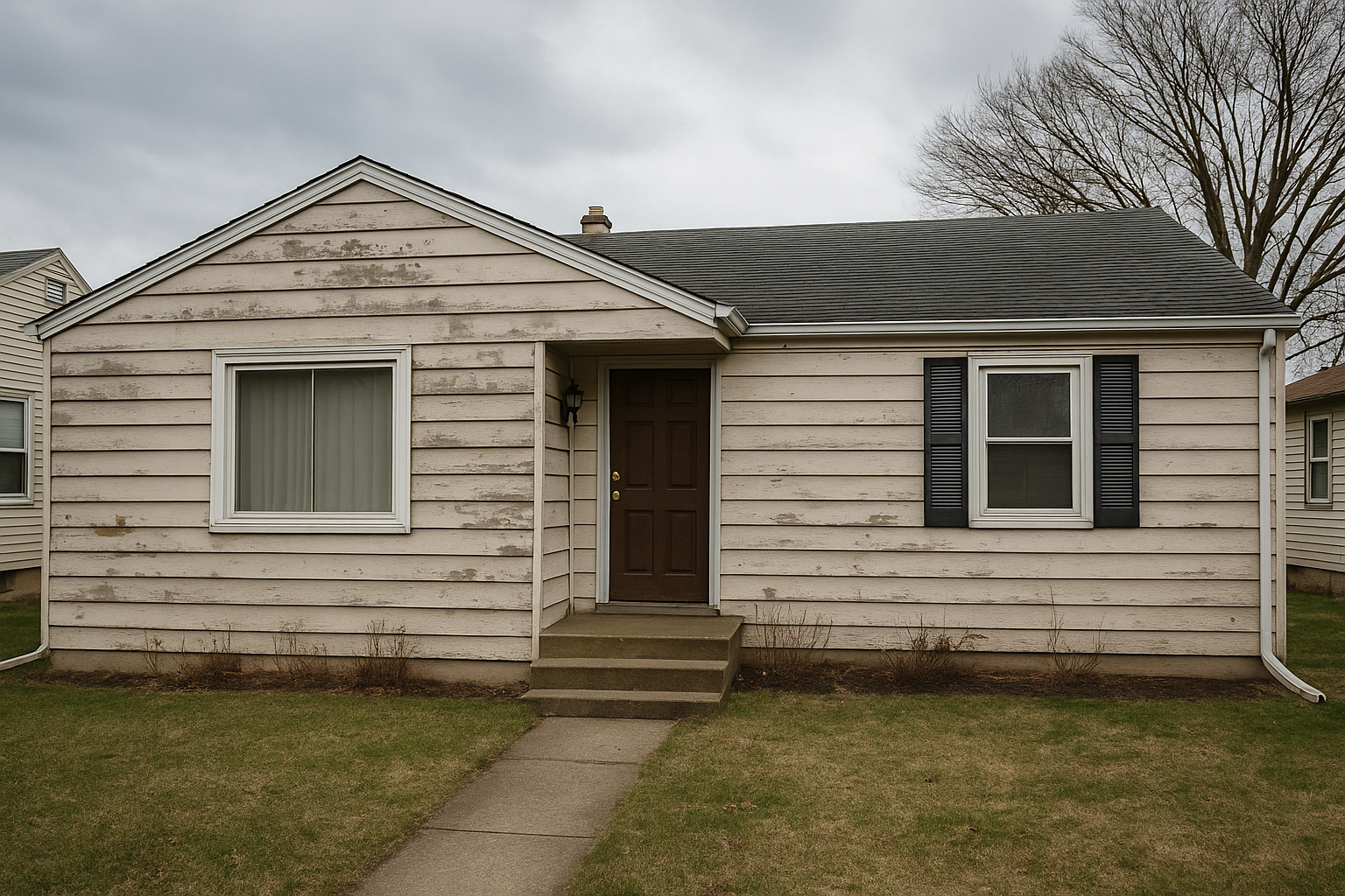 A 1200 sq ft ranch home in need of new siding, showing weathered and discolored exterior.