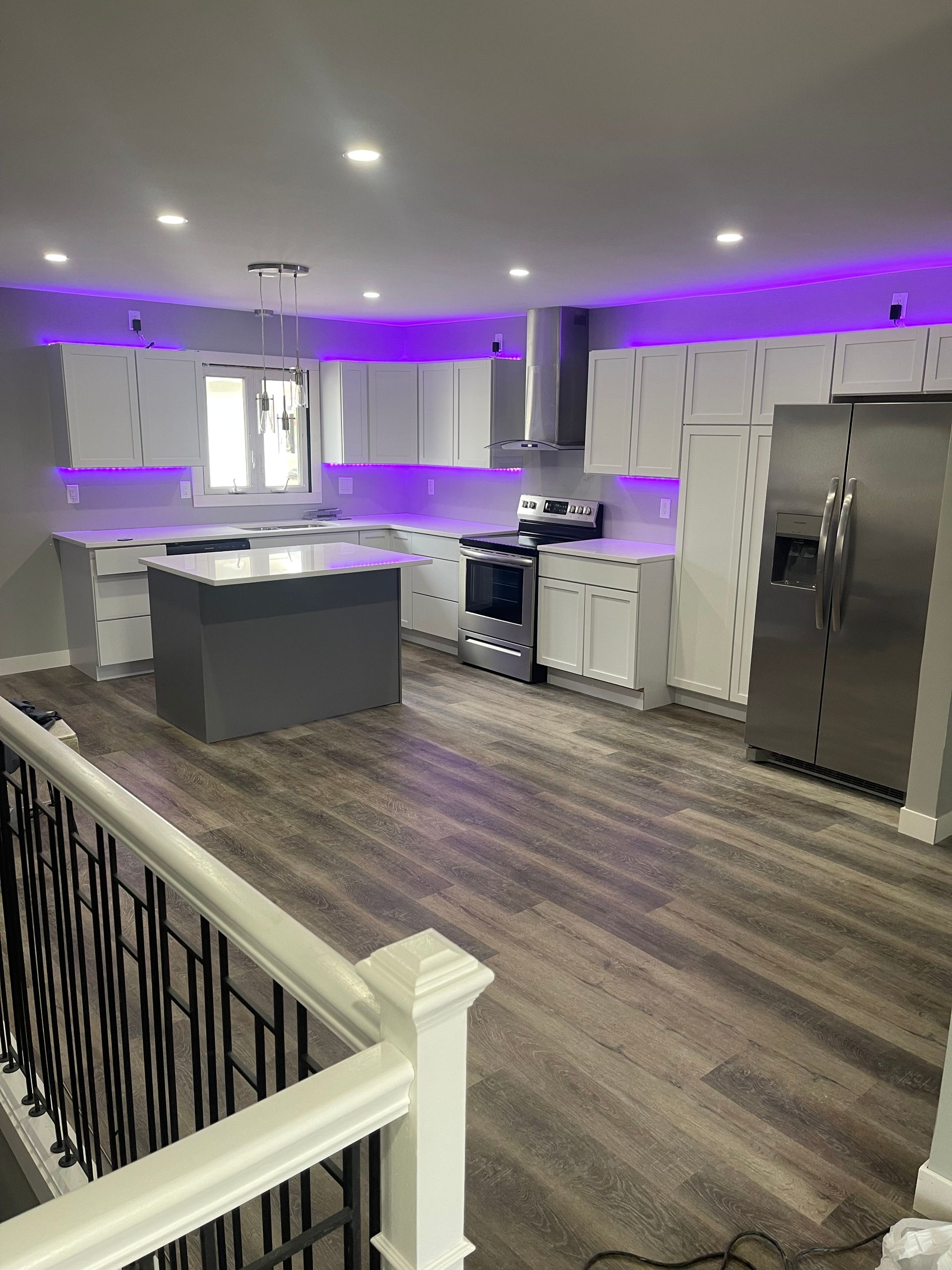 New remote controlled color lighting added to the kitchen during the remodel.