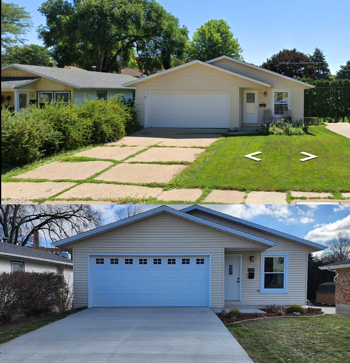 Before and after pictures of the new concrete poured for the driveway by AMC Homes.