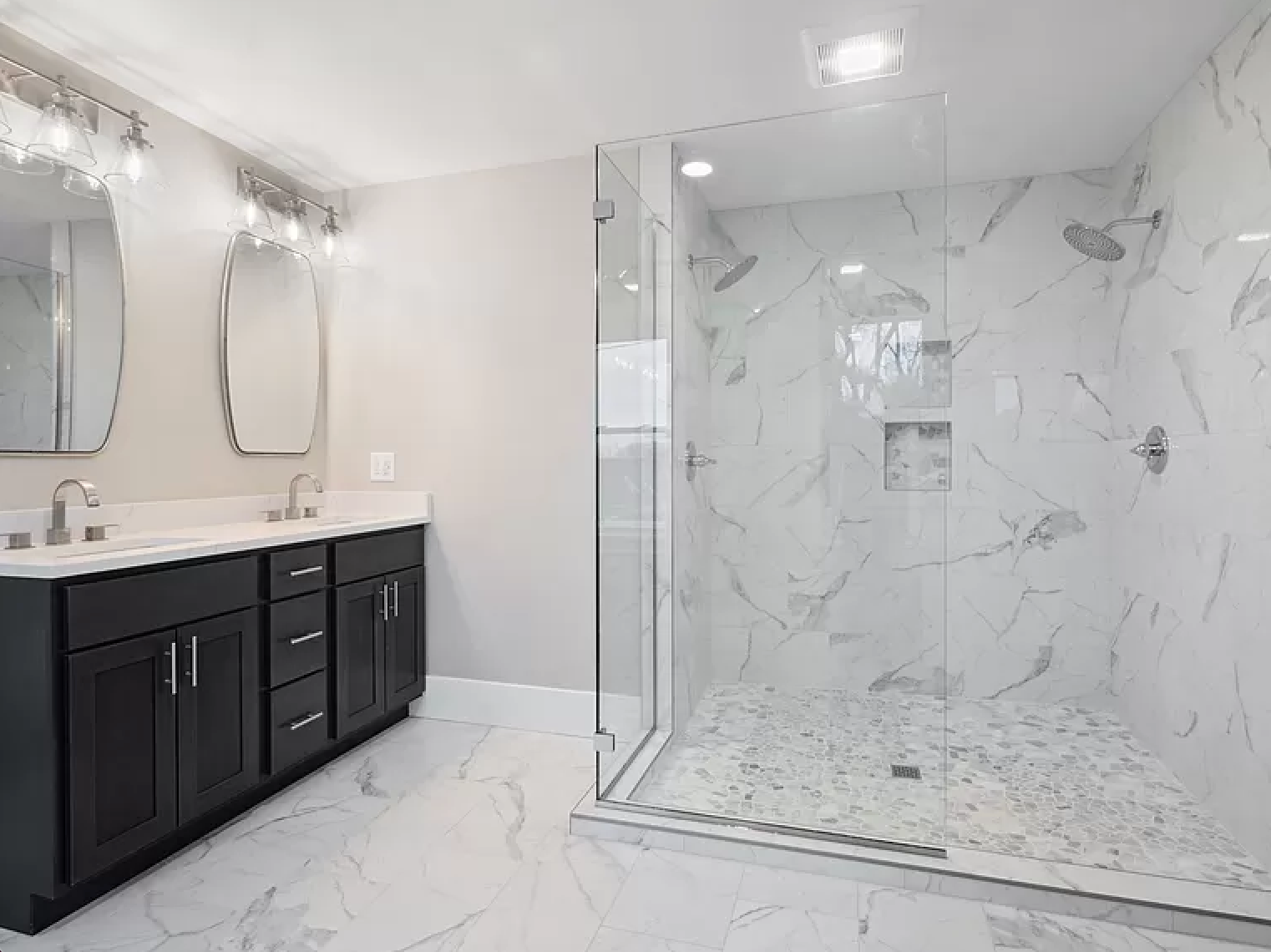 Second angle of the Fenelon master bathroom showcasing a spacious walk-in shower, elegant fixtures.