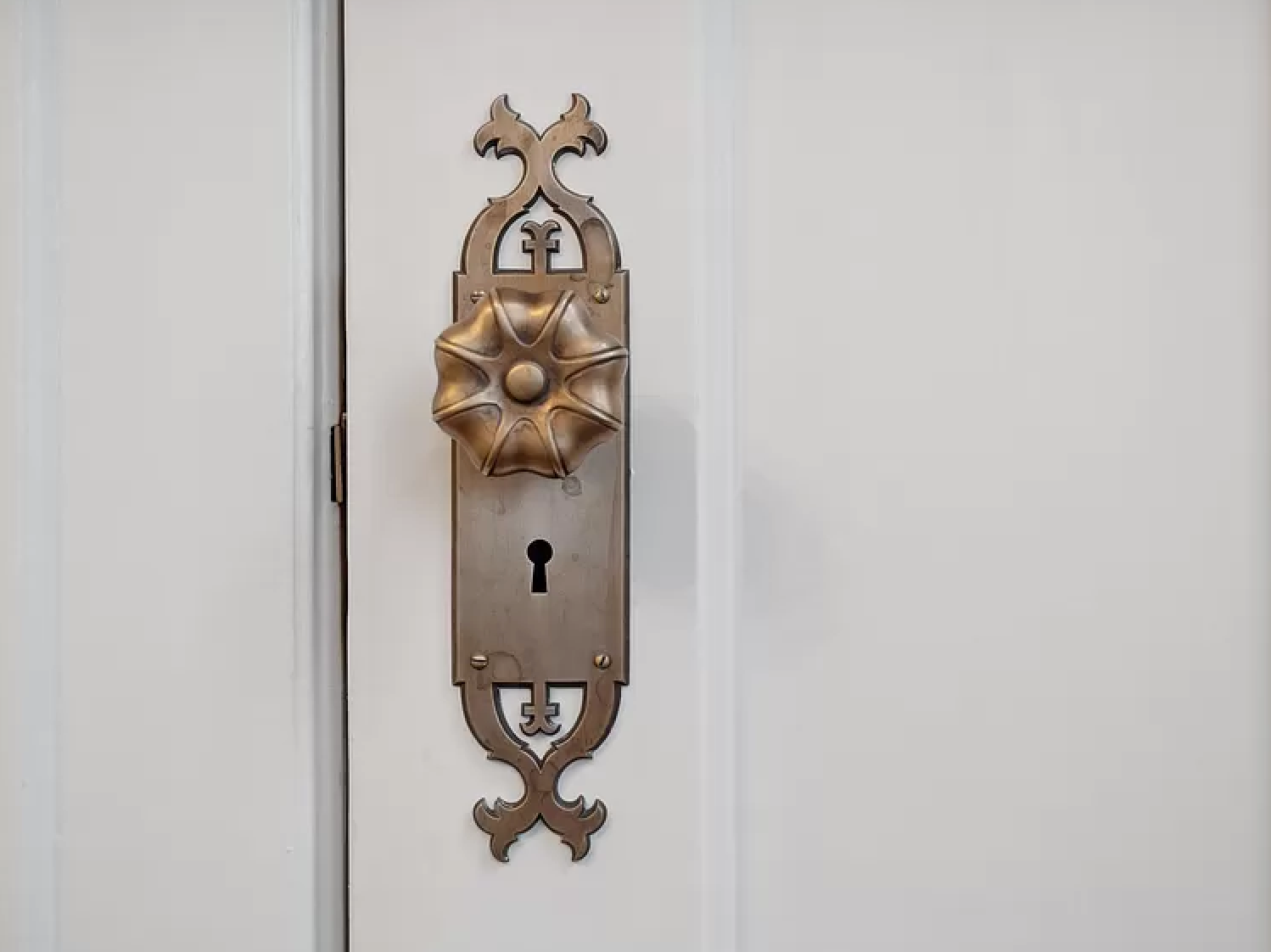 Close-up of a classic door knob at Fenelon, highlighting intricate craftsmanship and timeless design.