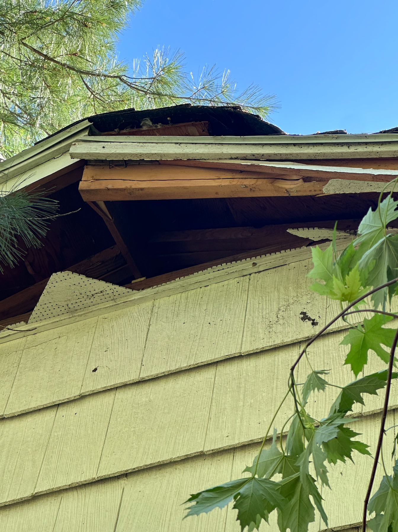 Close-up of water damage on a home’s ceiling, revealing the unseen effects of severe weather.
