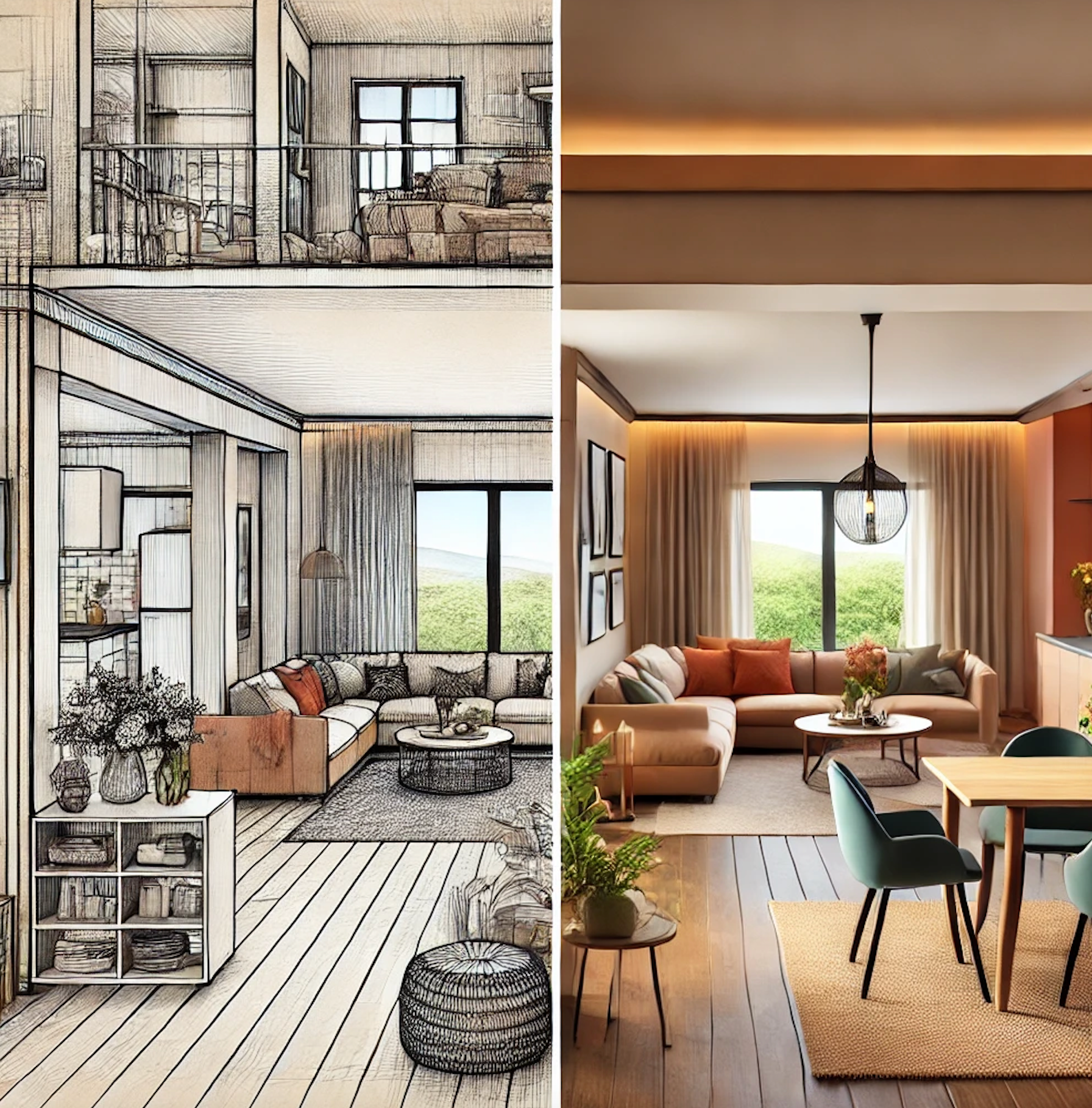 Modern open-concept living space featuring a seamless flow between the kitchen, dining, and living areas for a spacious feel.