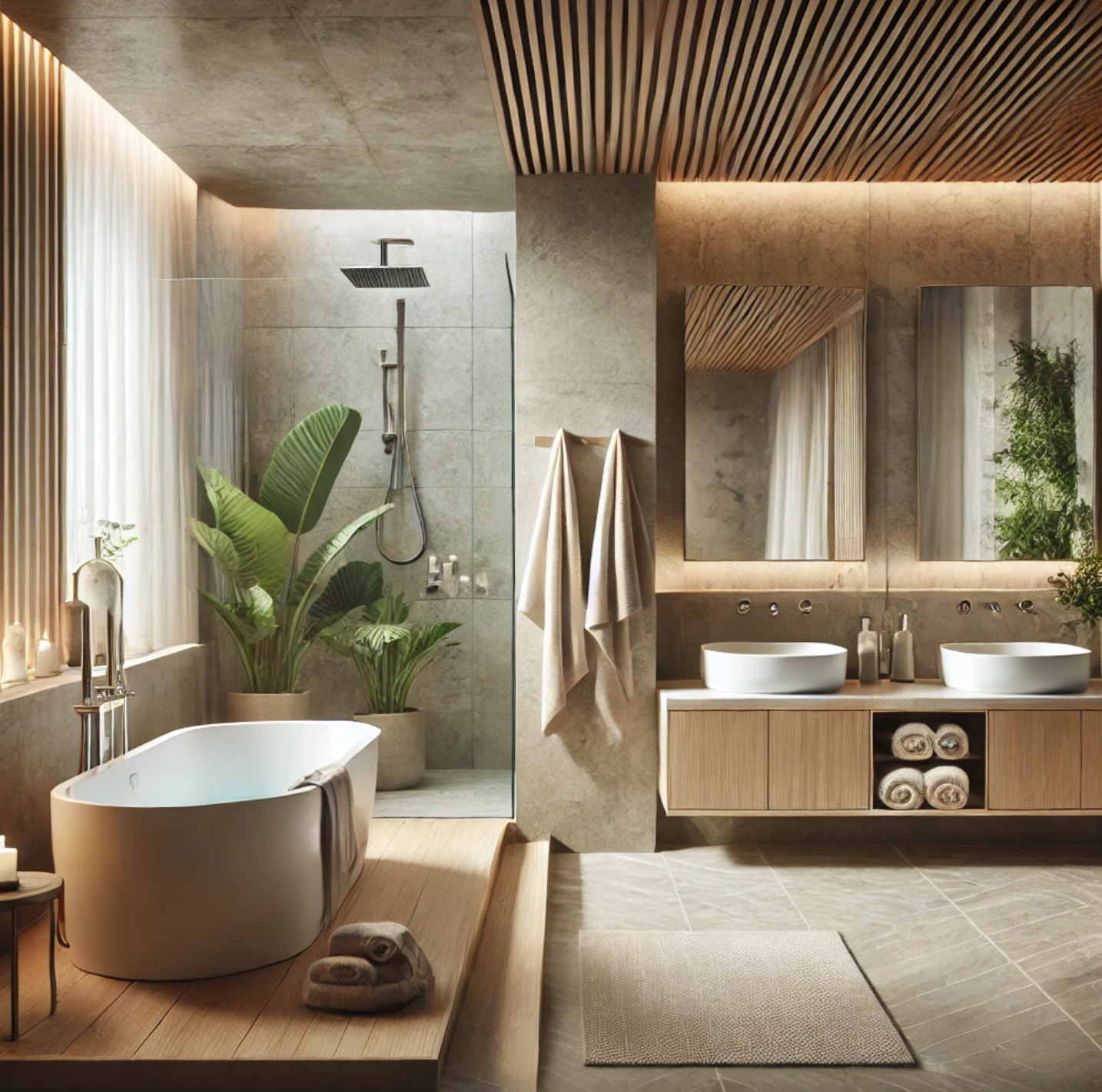 Sleek and stylish modern bathroom with a glass shower, floating vanity, and contemporary lighting.
