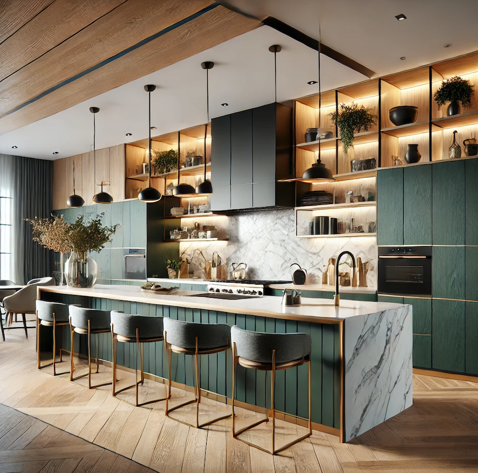 A stunning contemporary kitchen featuring a large island.