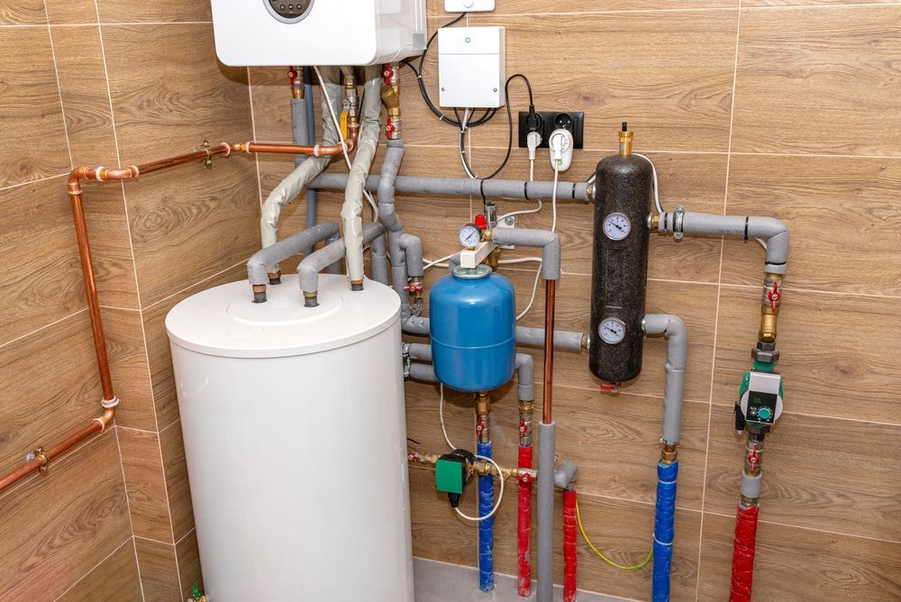 Wall-mounted gas boiler, hot water tank, blue expansion vessel, and pipes installed on a brown tiled wall.