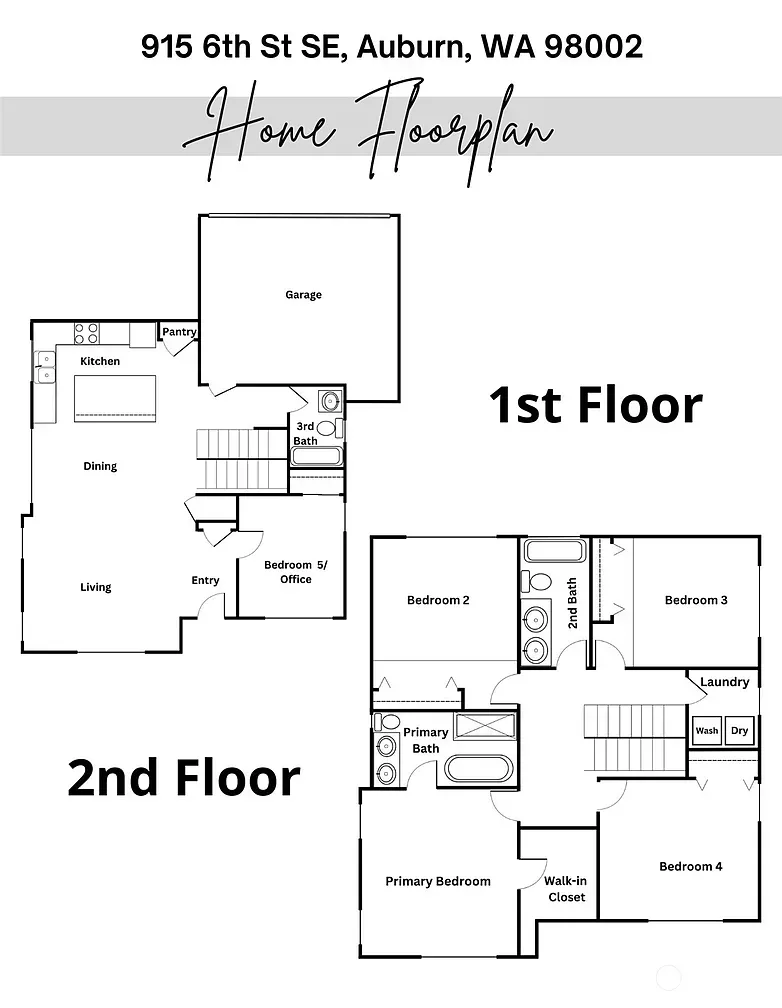 Home floorplan showing a two-story house in Auburn, WA. First and second-floor layouts are displayed.