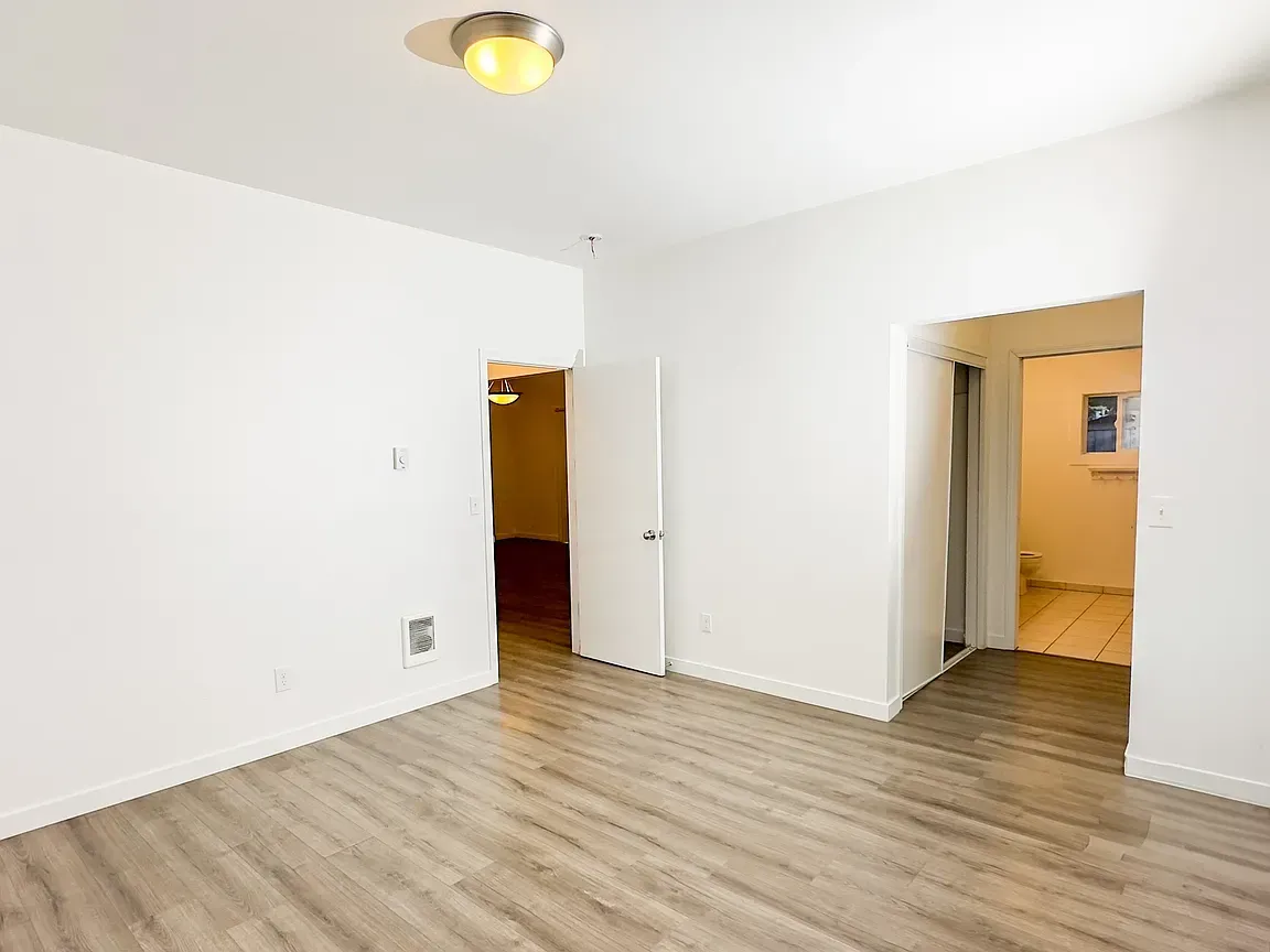 Empty room with wood-look flooring, white walls, two doorways, and a ceiling light.