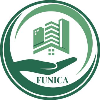 Green logo: stylized buildings in a hand, within a circle, text 