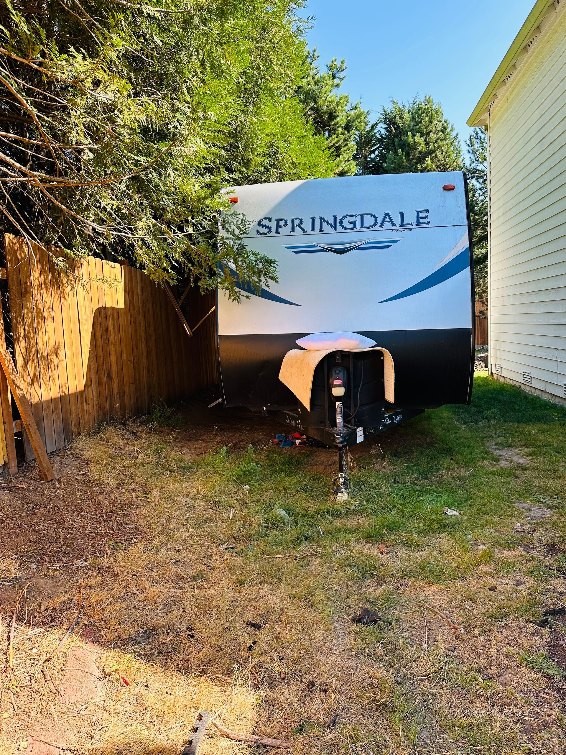 White and black Springdale camper parked next to a wooden fence and a house.