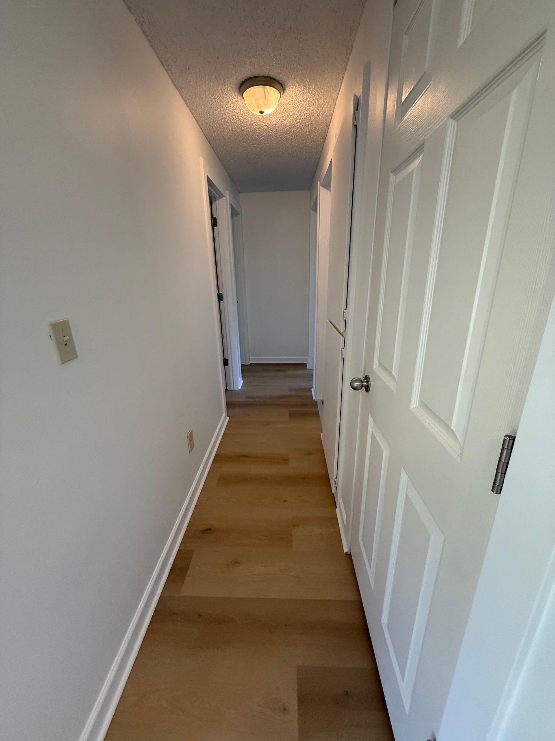 Narrow hallway with white walls, light wood-look flooring, and white paneled doors.