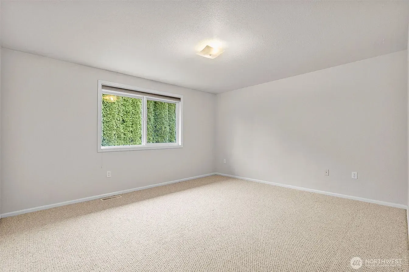 Empty white bedroom with beige carpet and a window showing green trees