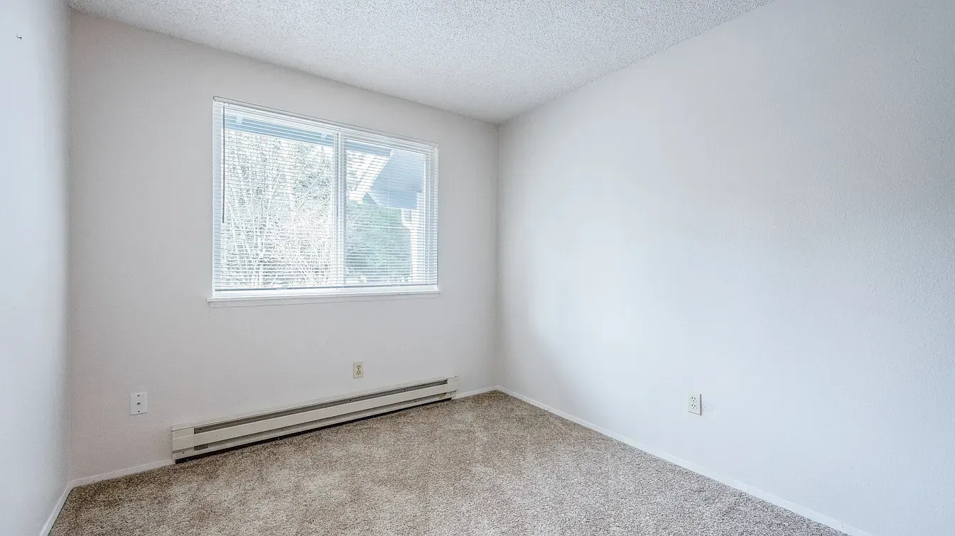 Empty room with white walls, carpeted floor, and a window.