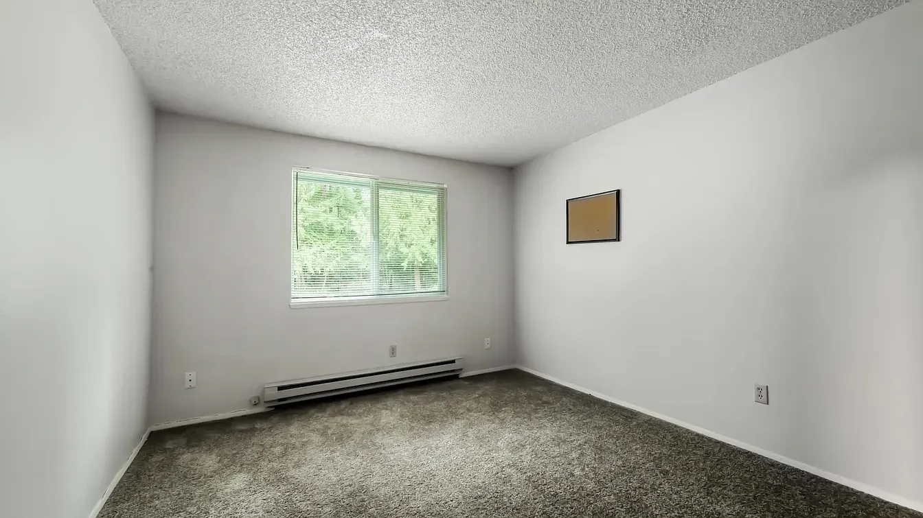 Empty room with white walls, carpeted floor, window, and a heater.