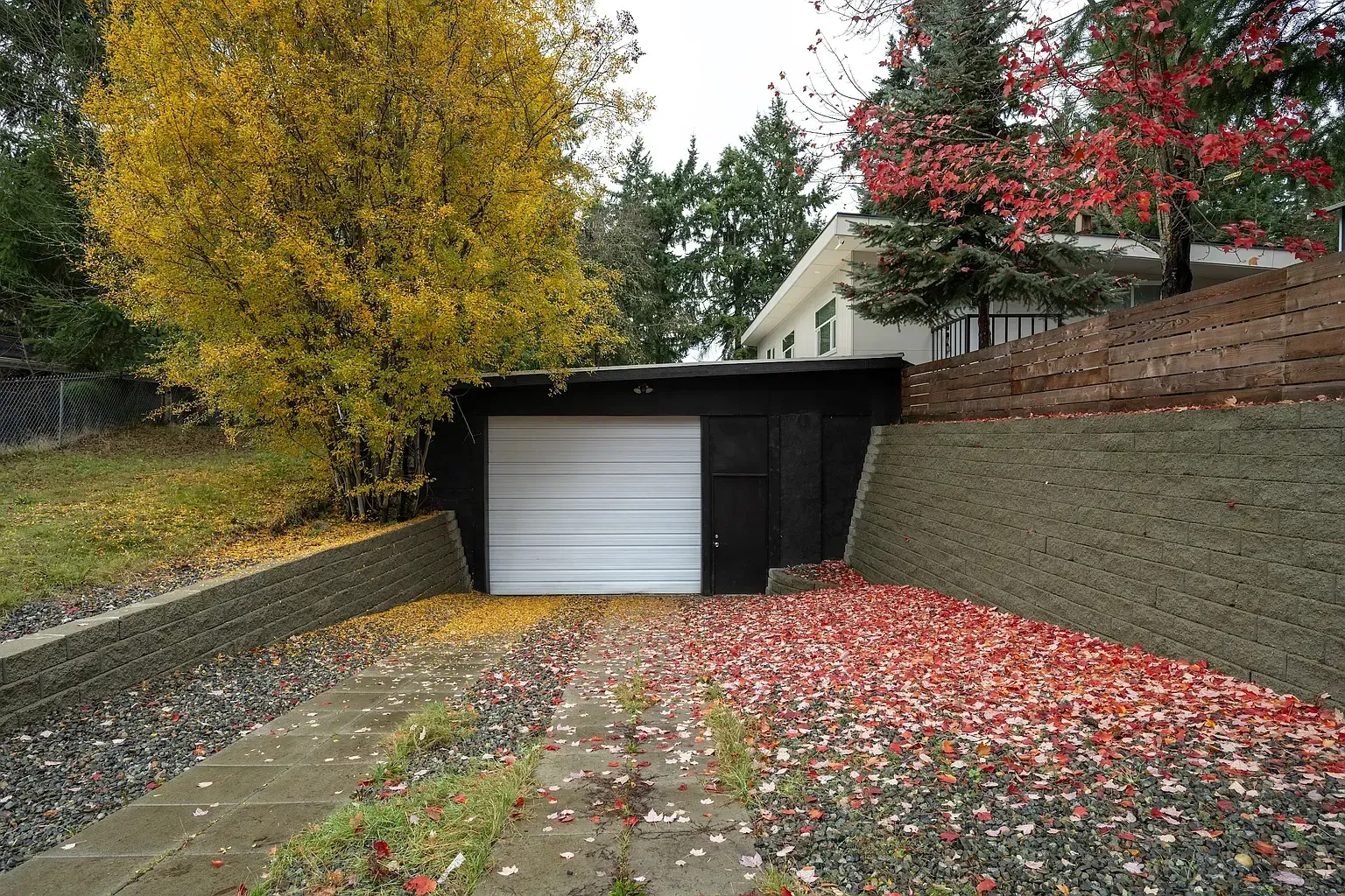 Driveway leading to a black garage with a white door, bordered by autumn trees and red ground cover