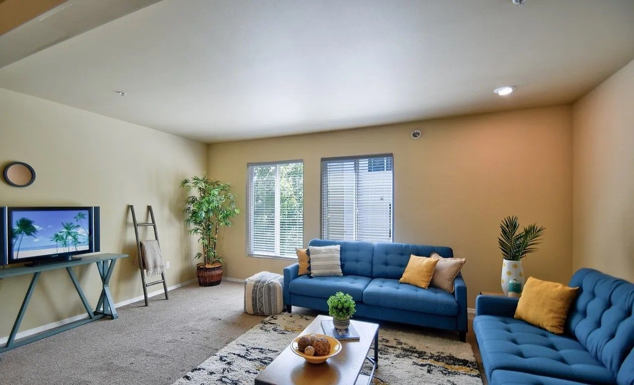 Living room with two blue couches, coffee table, TV, and large windows.