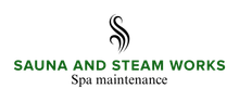 Logo for Sauna and Steam Works: green text, black steam graphic, spa maintenance text.