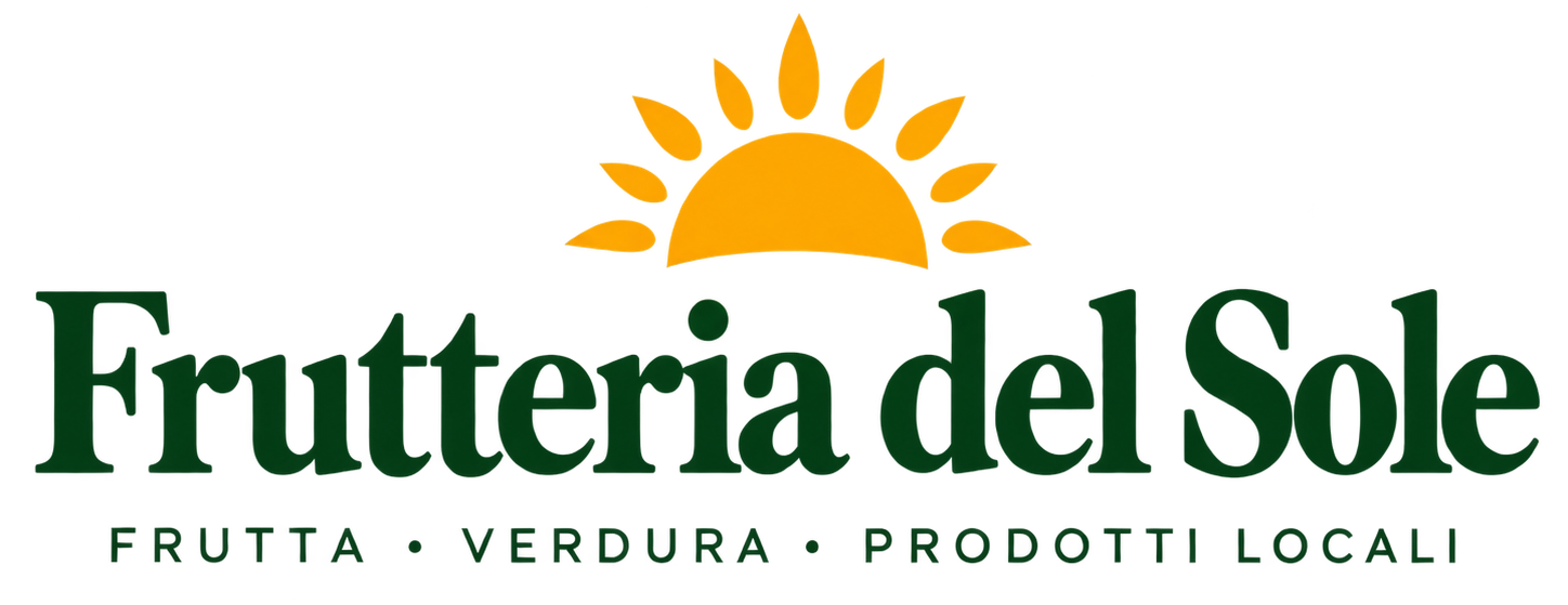 Logo di Frutteria del Sole con un sole giallo e testo verde su sfondo bianco
