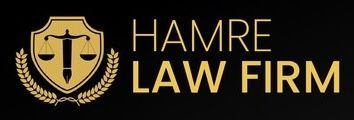 HAMRE LAW FIRM logo with gold scales and laurel on a black background