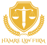 HAMRE LAW FIRM logo with gold scales and laurel on a black background