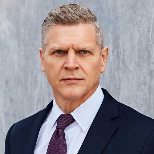 Studio headshot of a man in a dark suit and purple tie against a gray background