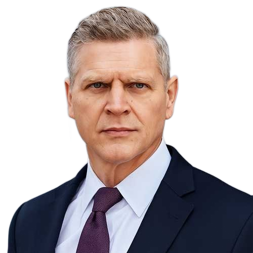 Portrait of a man in a navy suit and purple tie on a white background