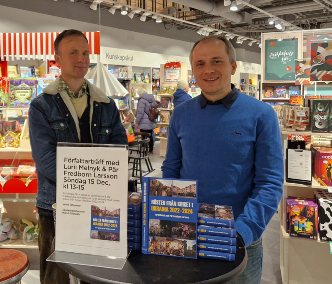 Författarna Iurii Melnyk och Pär Fredborn Larsson på Stevali Bokförlag.