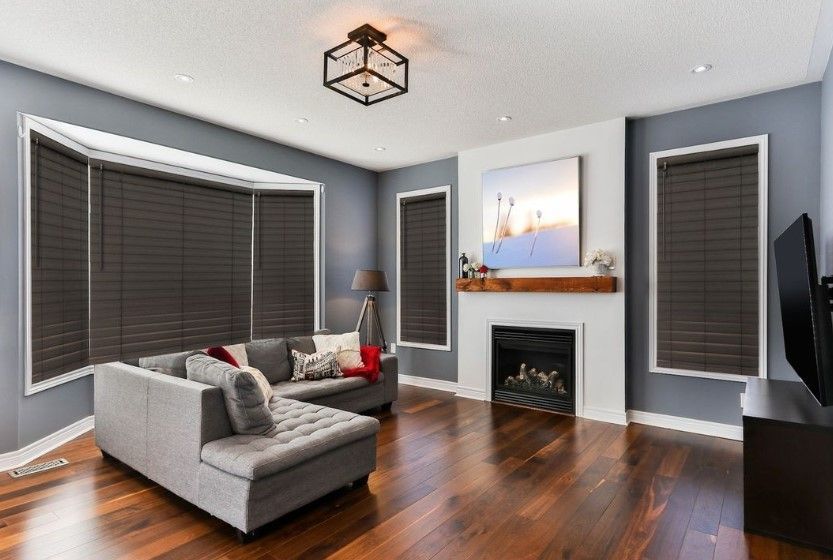 a living space with sofa, fireplace and window blinds