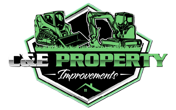 Green and black logo for property improvements with excavators and stylized text