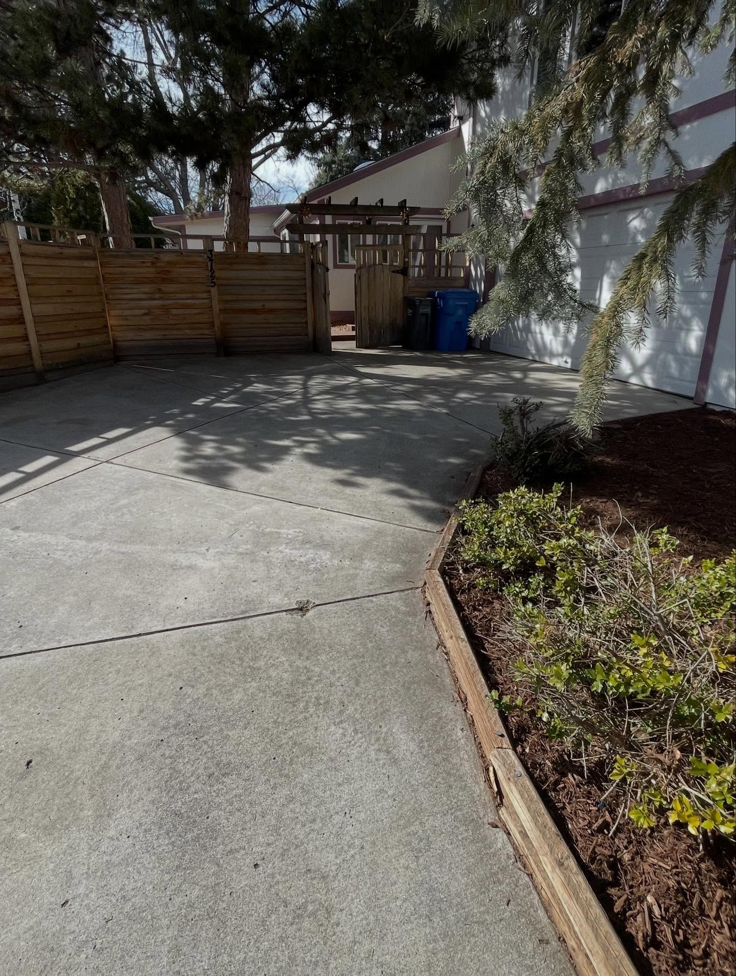 Concrete driveway beside a wooden fence and landscaped bed in a sunny backyard.