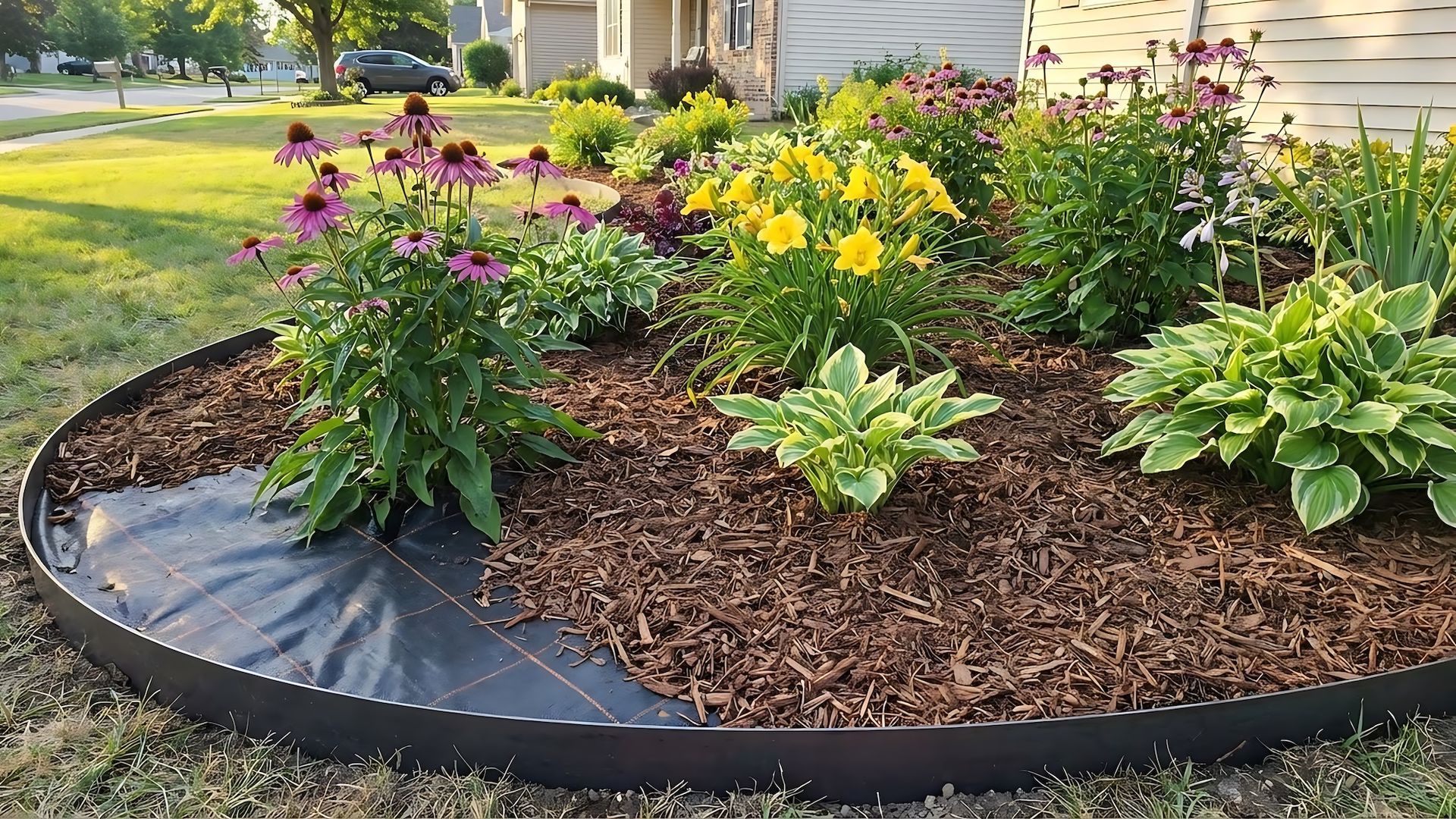 Colorful flowers and green shrubs in a mulched circular garden bed with black edging near a house.