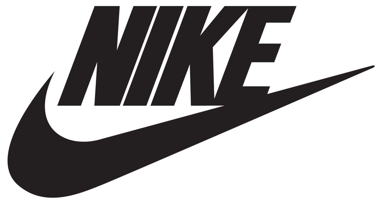 Zwart Nike-logo met swoosh op een witte achtergrond.