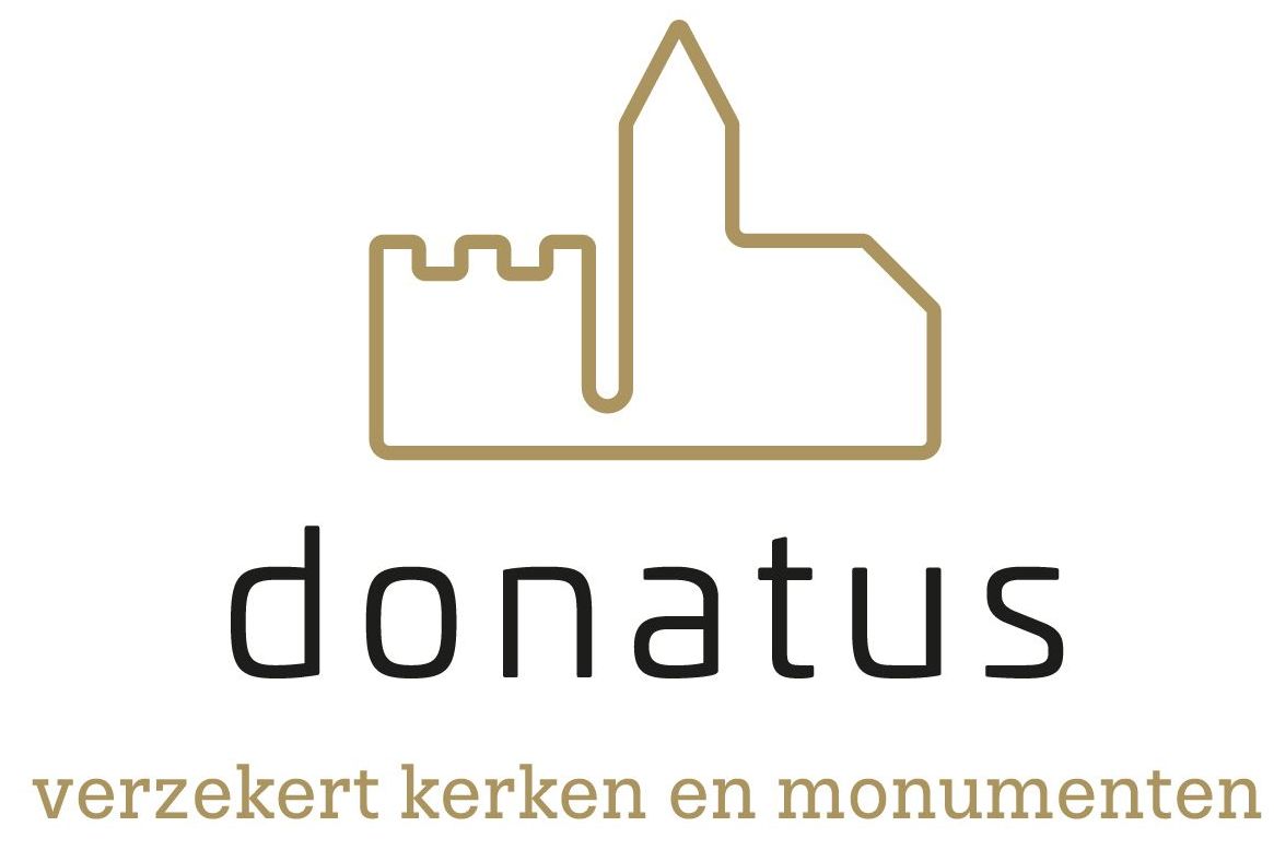 Donatus logo with gold church outline and Dutch text “verzekert kerken en monumenten”